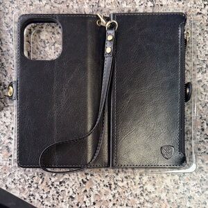 Premium Black Leather Wallet Phone Case with Strap
